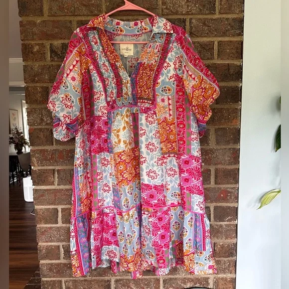 Umgee Boho Mixed Floral Patchwork Babydoll Mini Dress XL - Picture 2 of 14